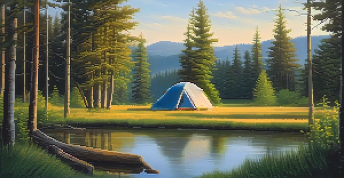 A peaceful camping scene at dawn with a tent by a lake, surrounded by trees and wildflowers.