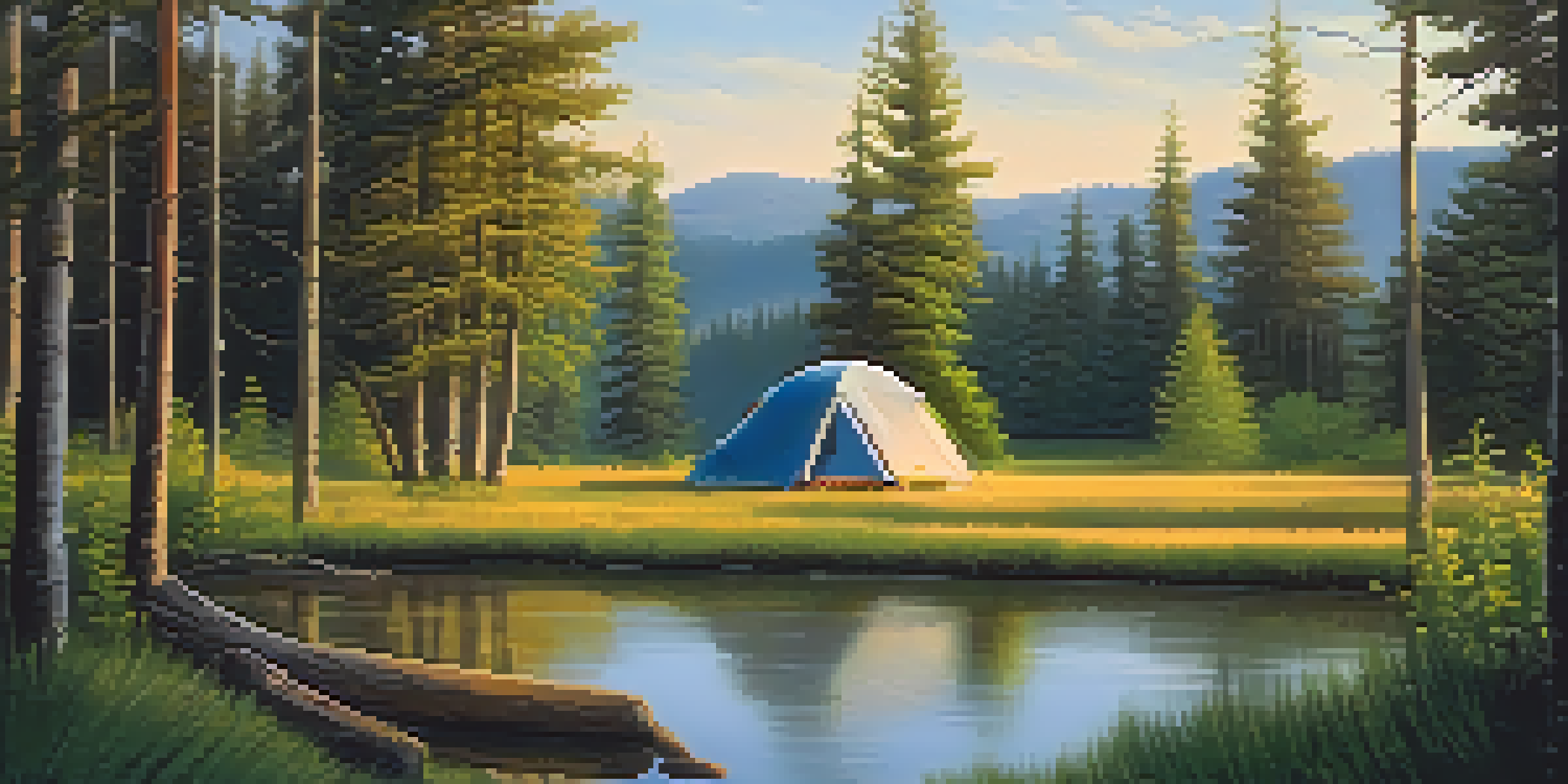 A peaceful camping scene at dawn with a tent by a lake, surrounded by trees and wildflowers.