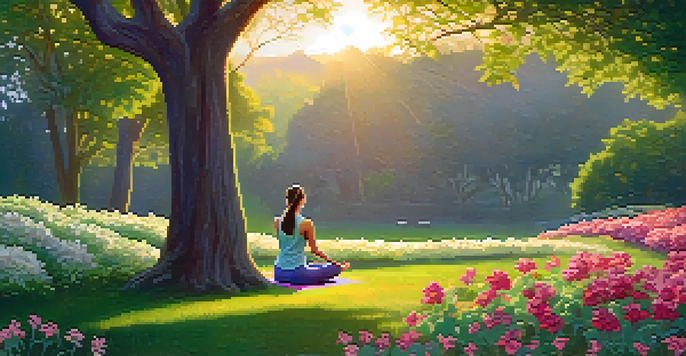 A traveler practicing yoga in a green park at sunrise, surrounded by flowers and trees, bathed in soft morning light.