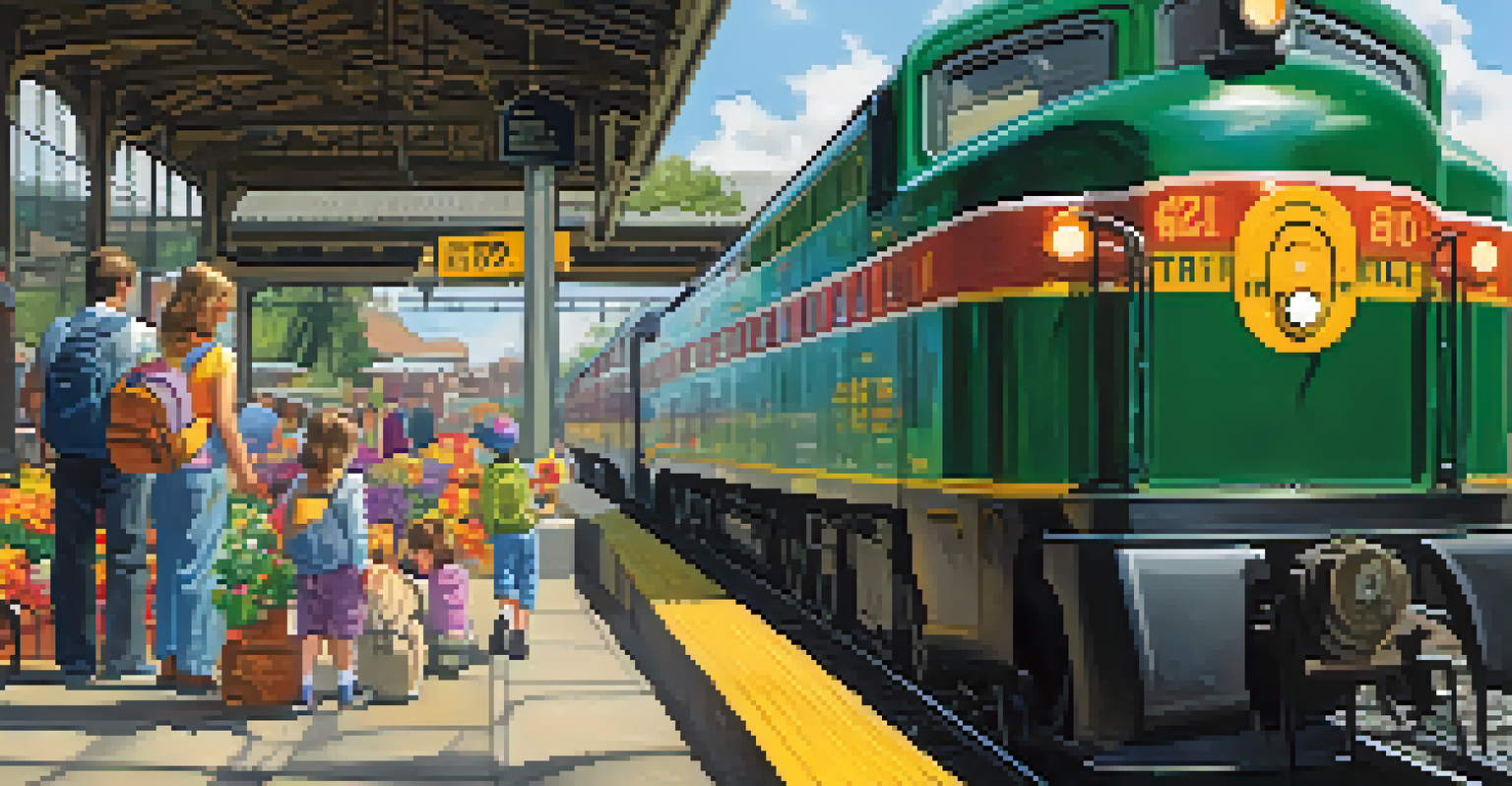 A family at a train station preparing to board a train, with vibrant flowers and a steam locomotive in the background.