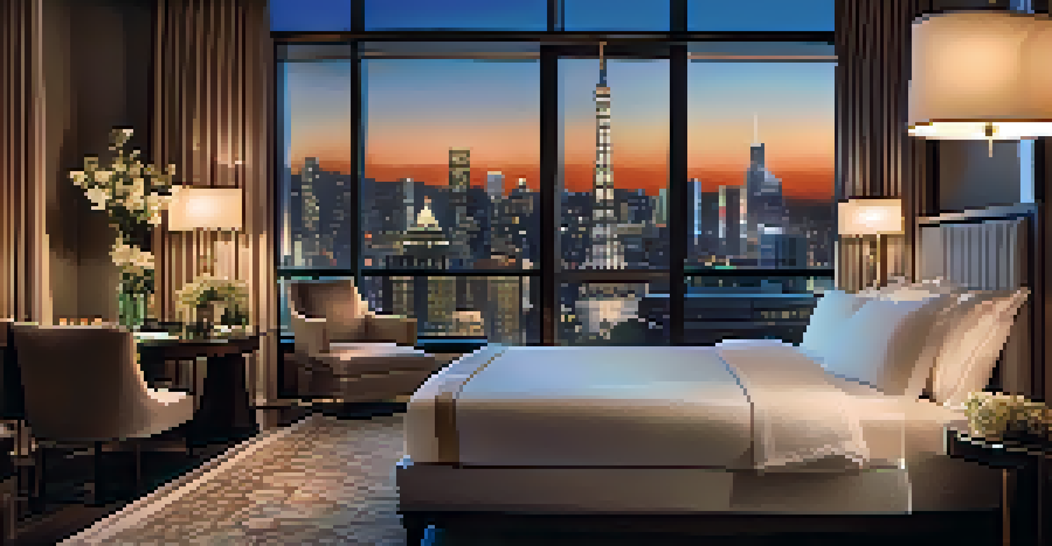 A luxurious hotel room at night with a view of a city skyline, featuring a king-sized bed and a balcony.
