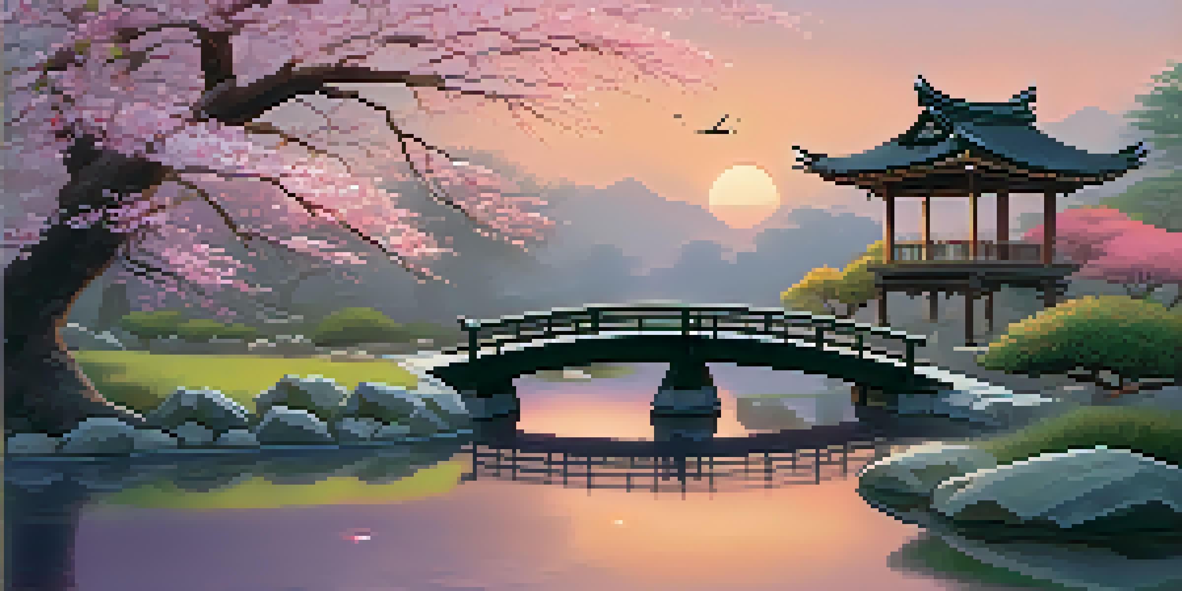 A peaceful Japanese garden at sunset with cherry blossom trees, a wooden bridge, and a koi pond.