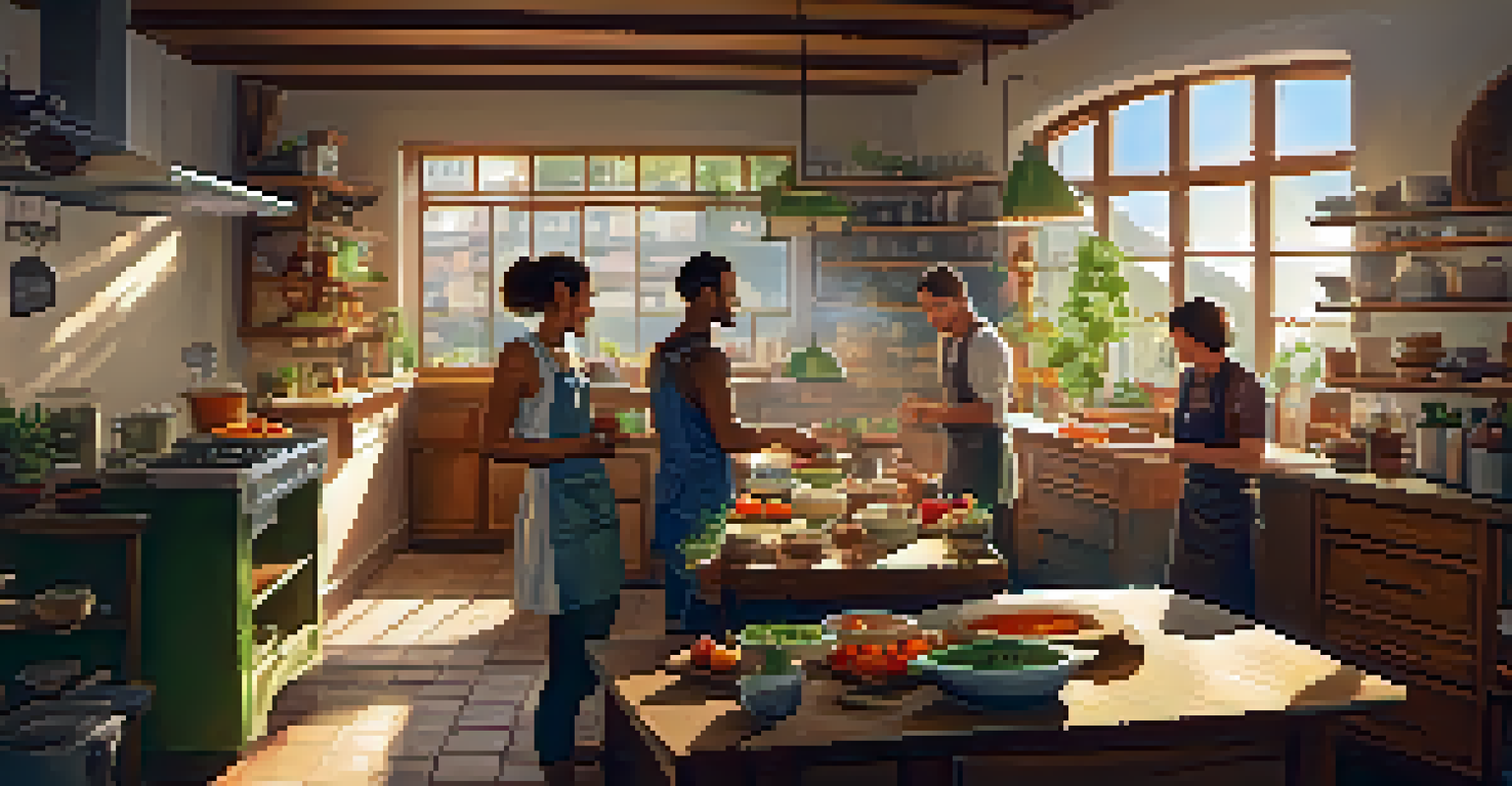 A welcoming hostel kitchen where travelers are cooking and sharing recipes together.