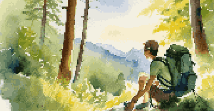 An eco traveler hiking in a national park with a solar-powered charger in their backpack, surrounded by lush greenery and sunlight filtering through the trees.