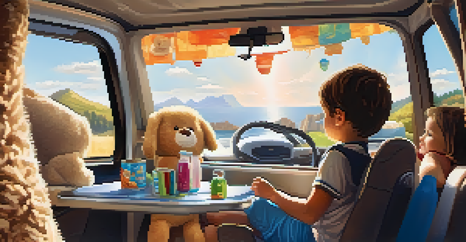 The interior of a car prepared for young passengers, showcasing a cozy car seat with toys and snacks.