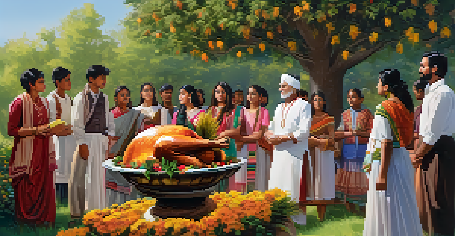 An outdoor gathering where an American teacher shares Thanksgiving traditions with Indian students, set in a beautiful garden.