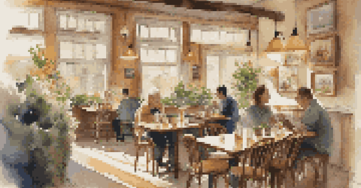 A warm and inviting café interior with wooden furniture and patrons enjoying drinks.