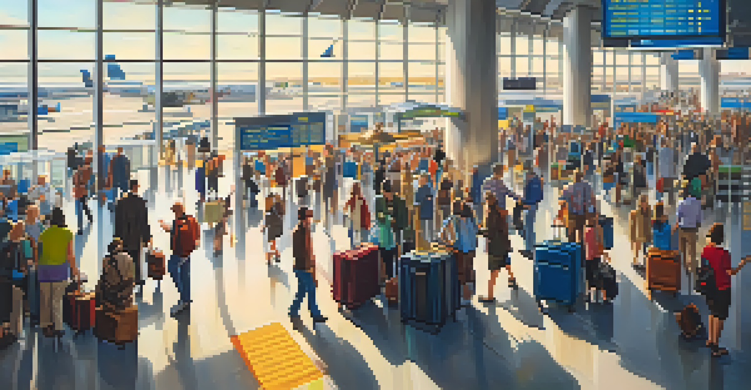 An aerial perspective of a busy airport terminal filled with passengers, showcasing the vibrant atmosphere of travel.