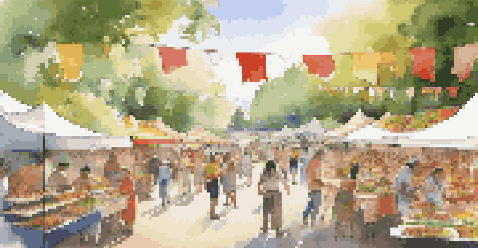 A vibrant food festival in a park with various food stalls and happy visitors.