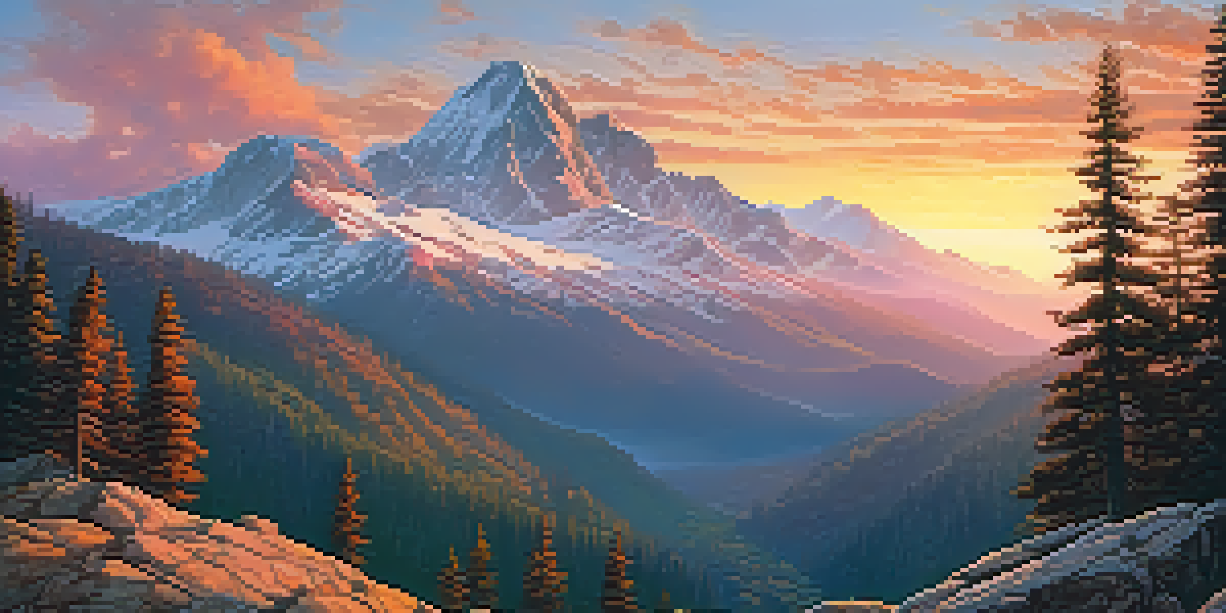 A rock climber ascending a cliff during sunrise, with a colorful sky and mountainous background.