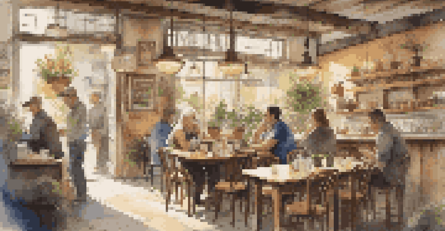 A cozy café filled with sunlight, where travelers and locals are enjoying coffee together.