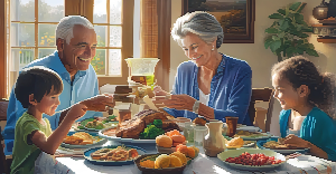 A family of different generations enjoying a meal together at a dining table filled with traditional dishes, illuminated by warm sunlight.