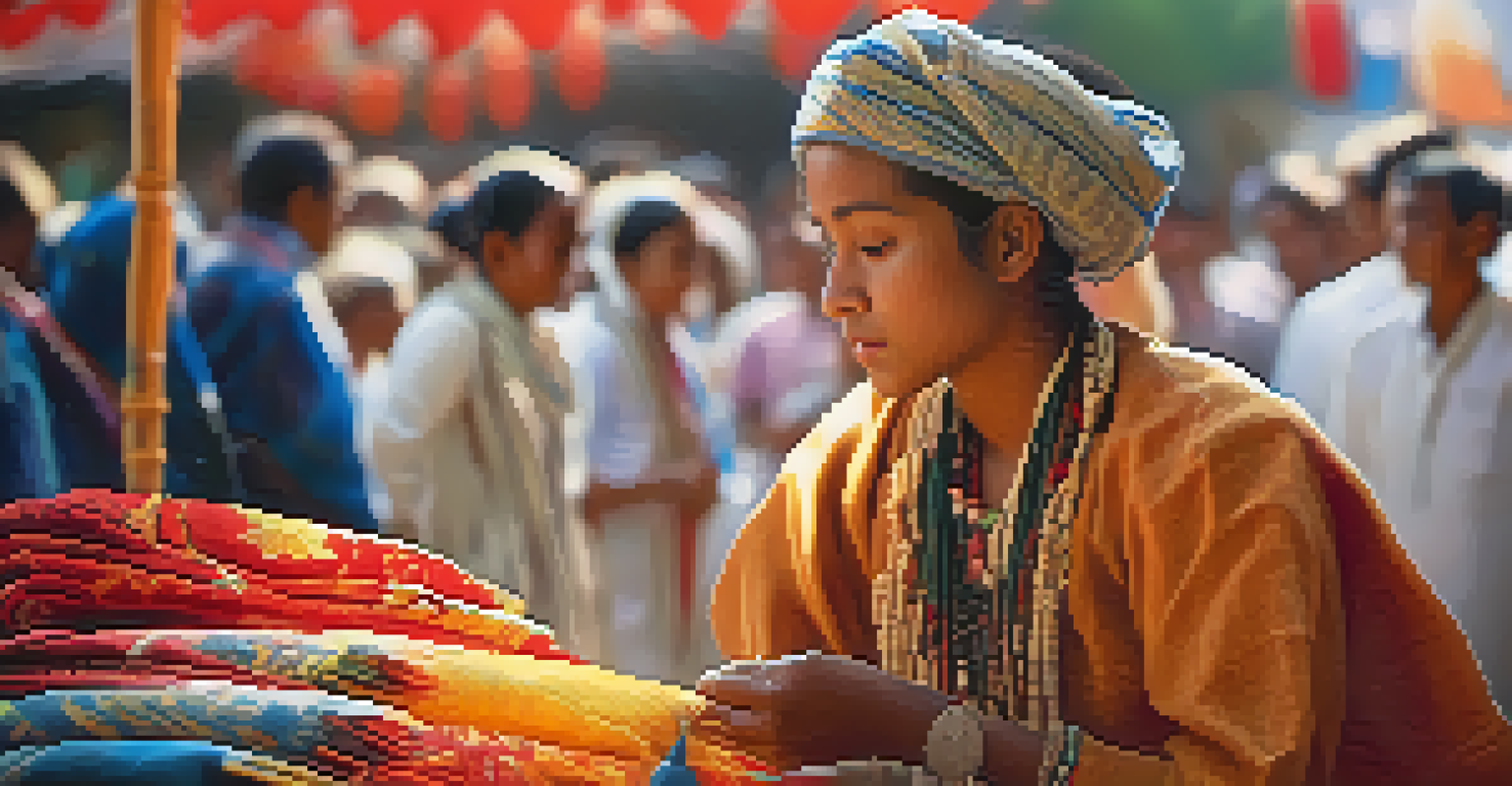 A participant in traditional clothing holding a handmade craft, softly lit, with festival activities blurred in the background.