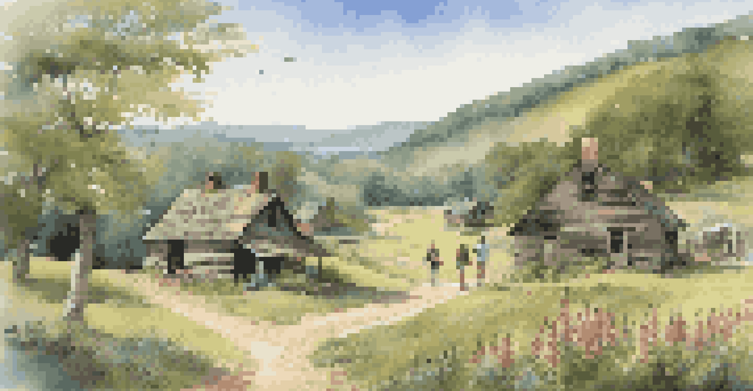A quaint colonial settlement by the Appalachian Trail, with wooden cabins and hikers exploring the area.