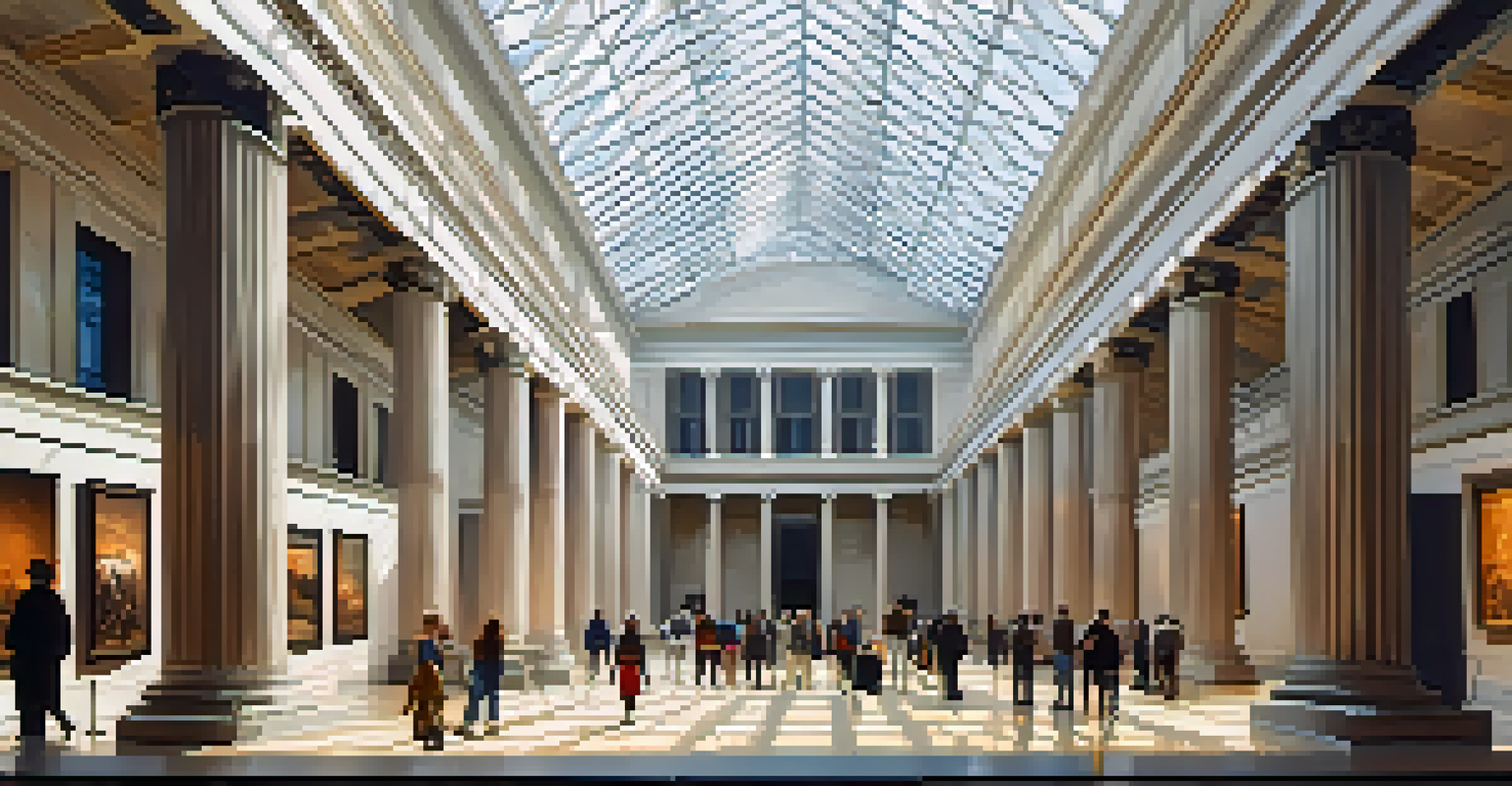 The British Museum in London with its grand architecture and visitors exploring the collection, bathed in natural light filtering through the windows.