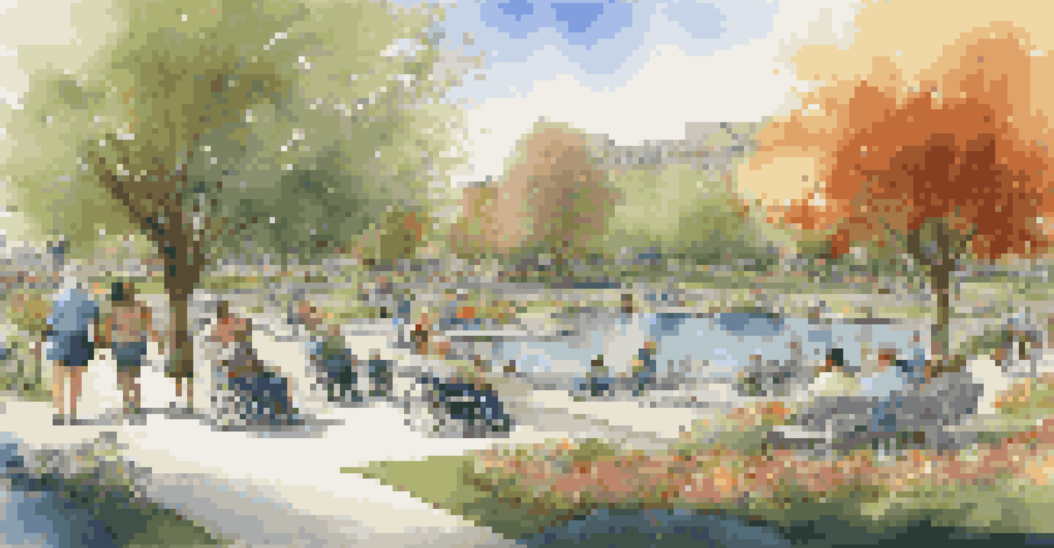 A lively urban park with accessible paths, diverse visitors enjoying activities, and a pond with ducks.