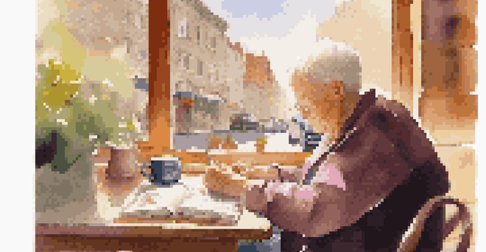 An elderly person writing in a travel journal at a café, with a cup of coffee and travel mementos on the table.