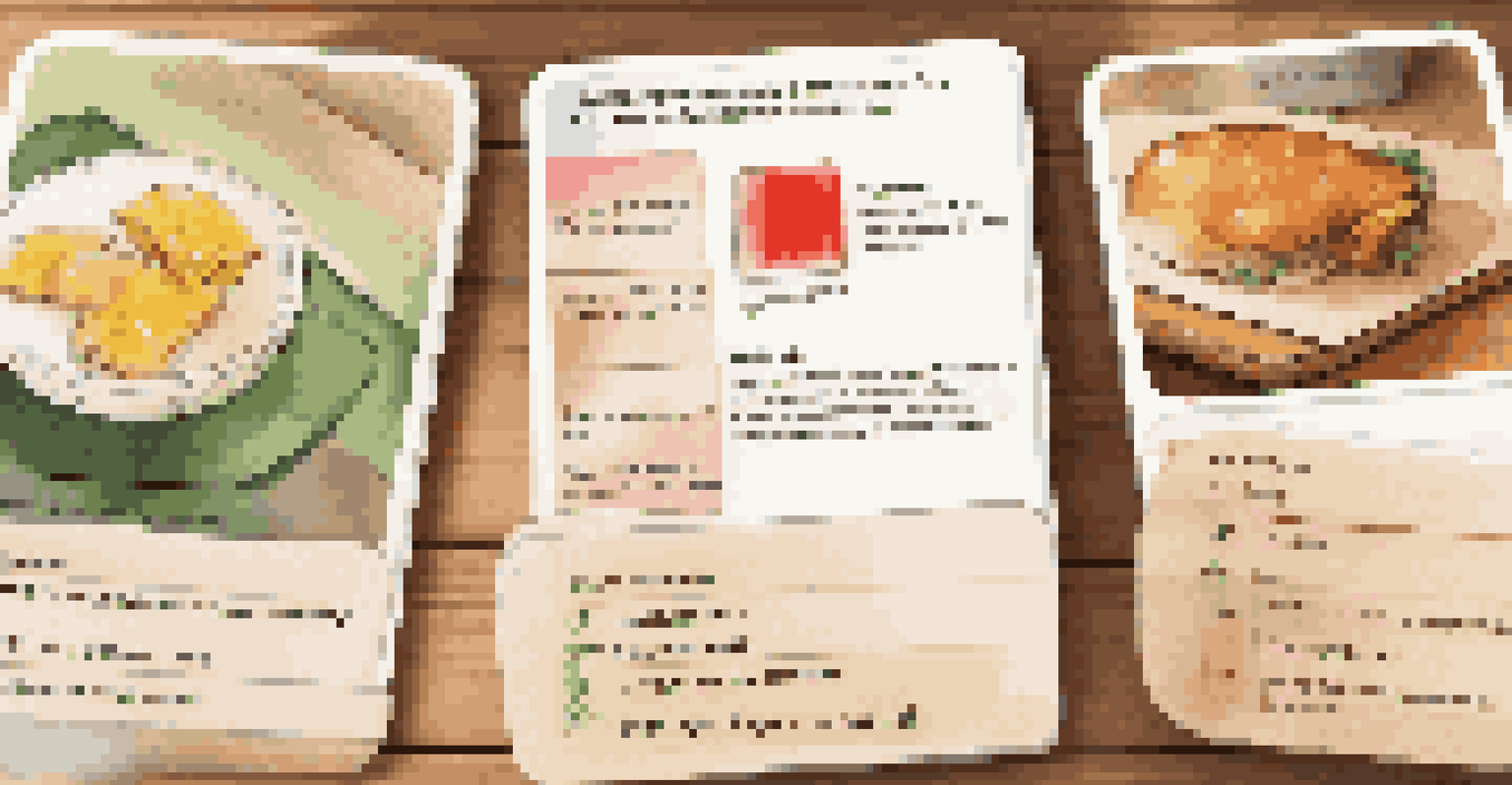 Close-up of dietary communication cards and a smartphone displaying translations, arranged on a wooden table.