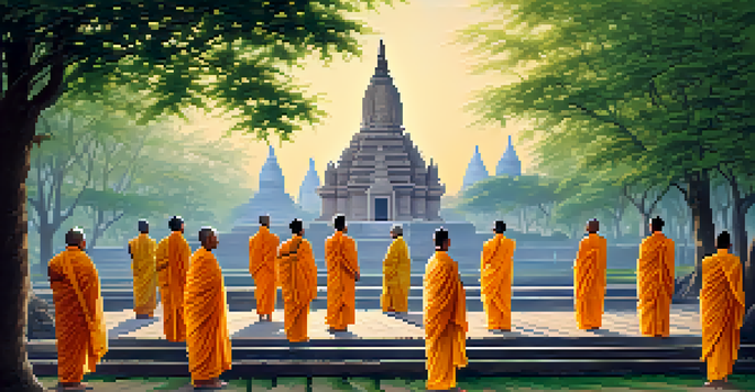 A peaceful view of the Mahabodhi Temple in Bodh Gaya, India, with monks and pilgrims meditating in the foreground as the sun rises.