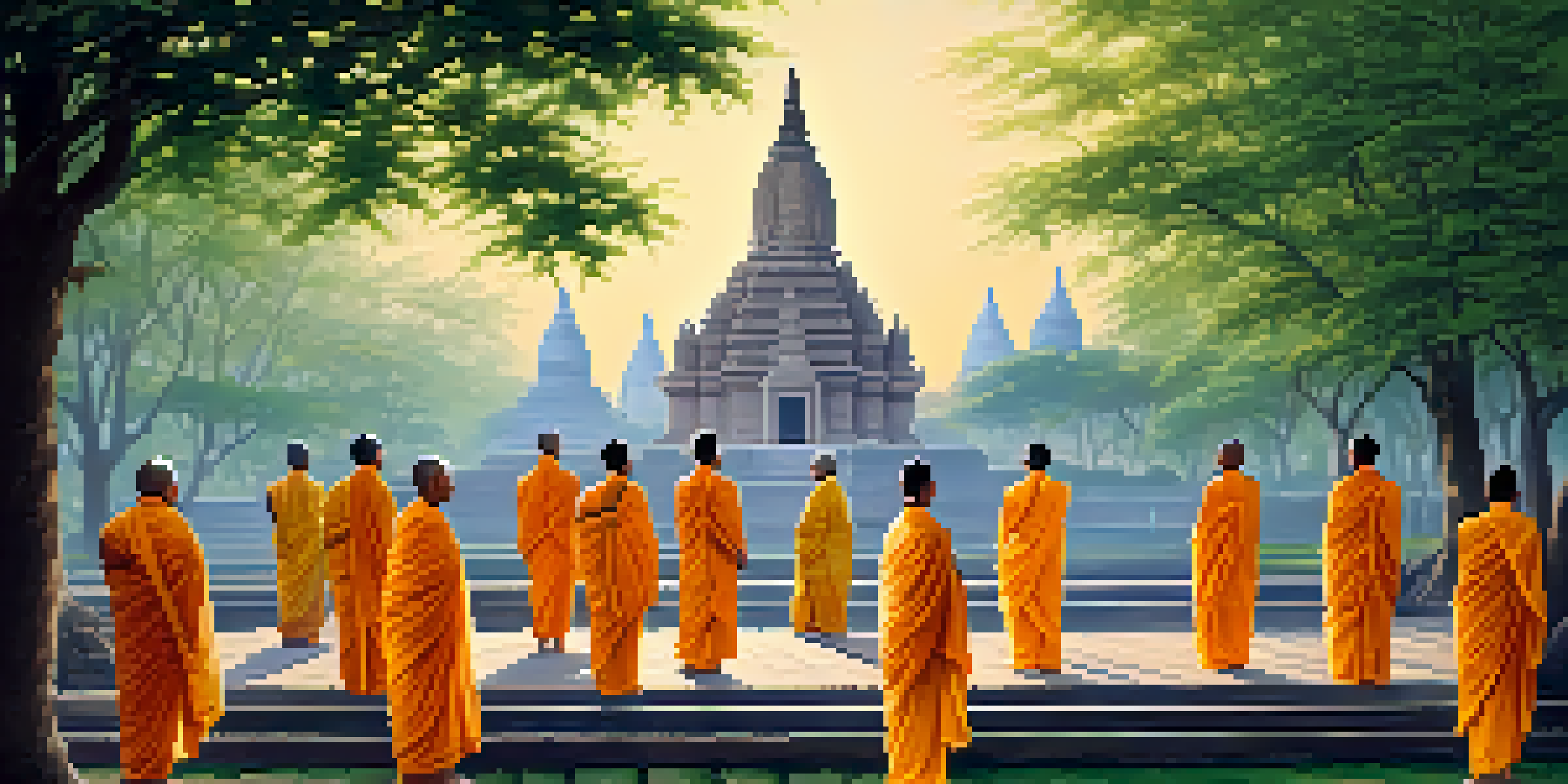 A peaceful view of the Mahabodhi Temple in Bodh Gaya, India, with monks and pilgrims meditating in the foreground as the sun rises.