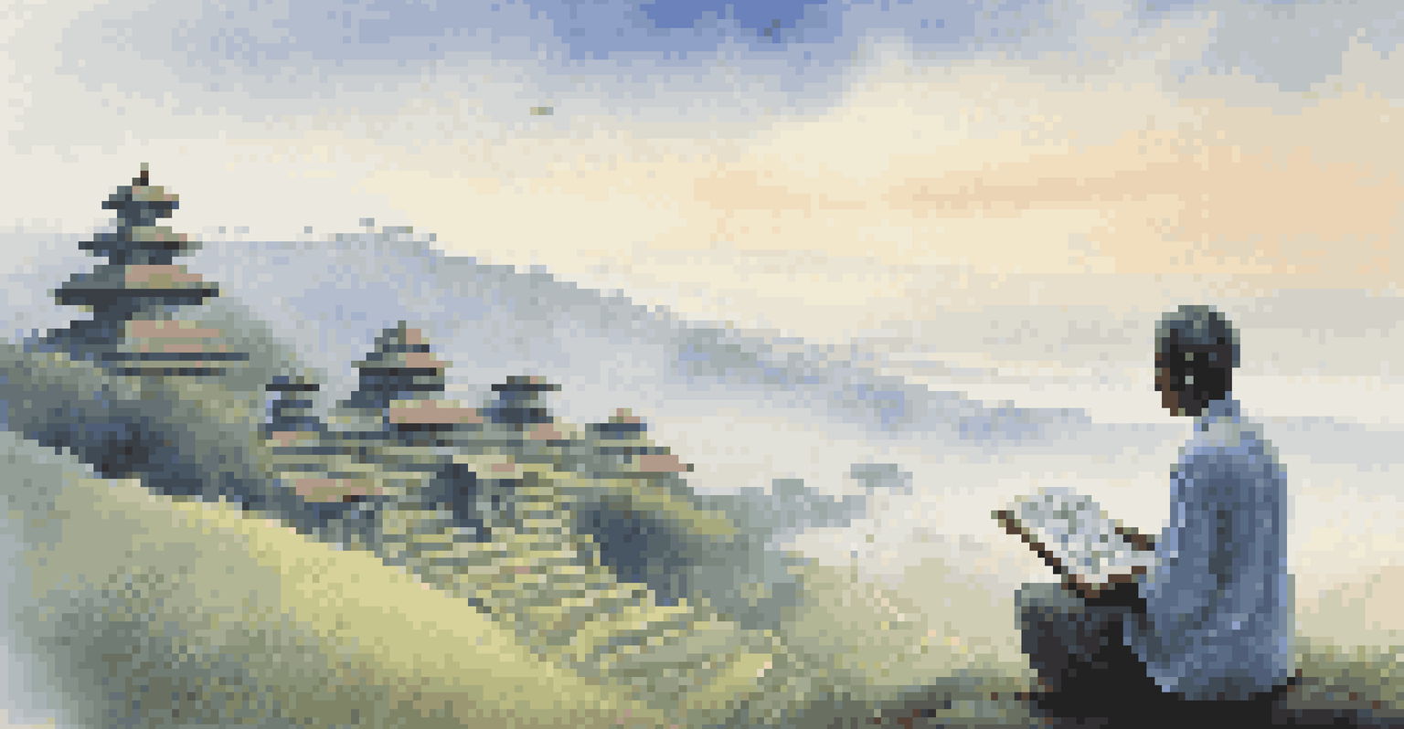 A person reading a book in a tranquil Balinese landscape with hills and temples.