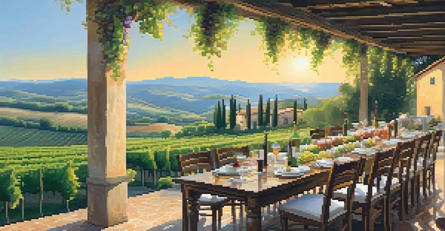 A rustic farmhouse in Tuscany with a terrace set for dining, overlooking rolling hills and vineyards.