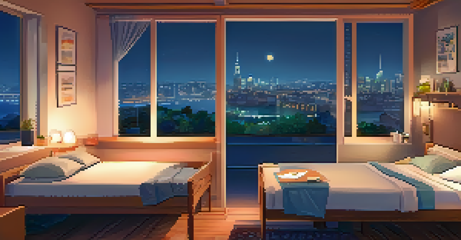 A cozy hostel room with two beds, a desk with a laptop, and a city skyline view through the window, illuminated by soft evening light.