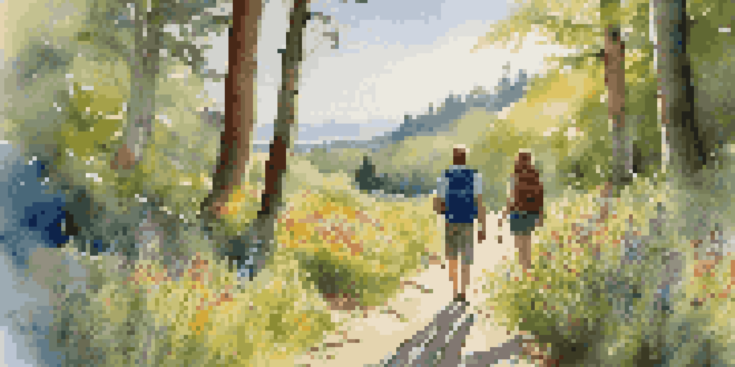 A happy couple hiking on a scenic trail with greenery and wildflowers, enjoying healthy snacks.