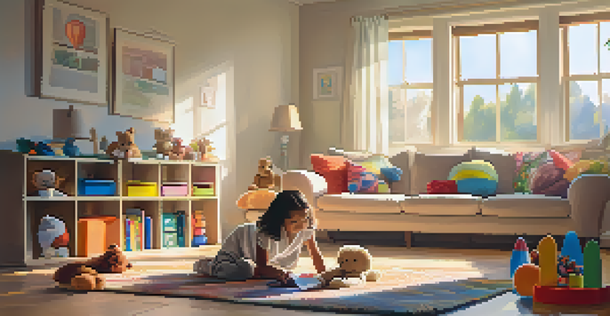 A young child sitting on the floor with toys, a blanket, and a stuffed animal in a sunlit living room.