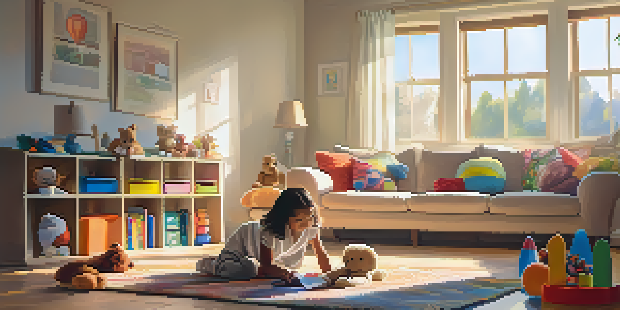 A young child sitting on the floor with toys, a blanket, and a stuffed animal in a sunlit living room.