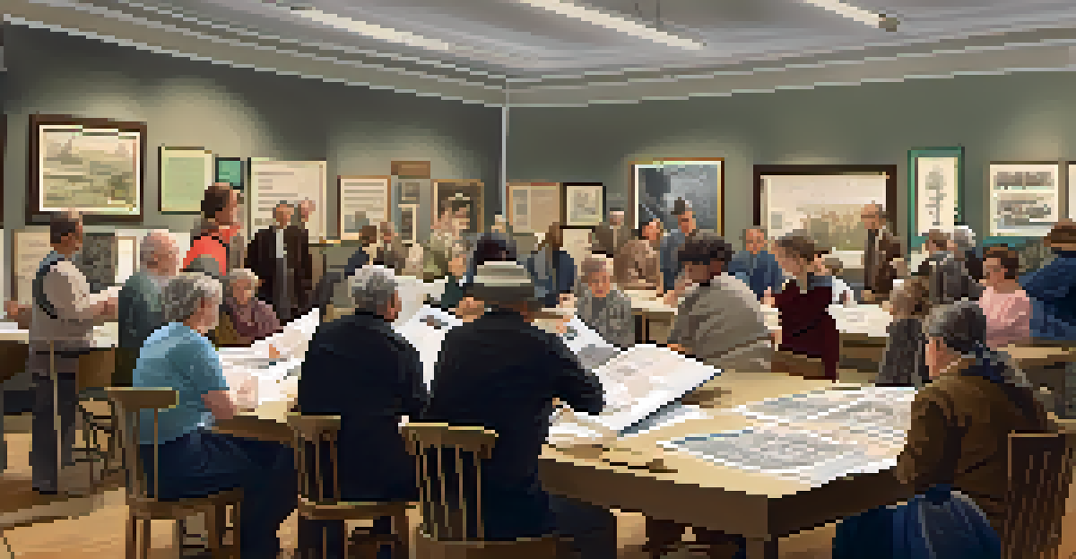 A community workshop in a museum with local historians and family researchers engaged in discussions and analyzing family history materials.