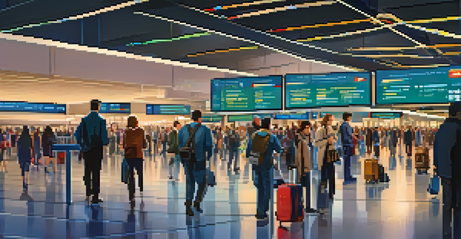 An airport at night with a traveler checking their phone for updates from a chatbot about their flight.