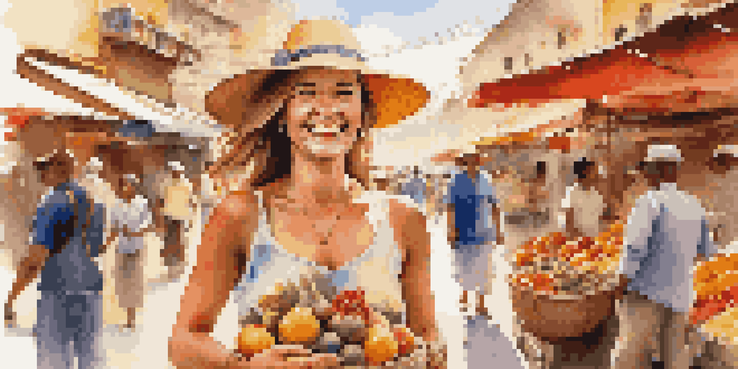 A woman enjoying a vibrant street market, holding a camera and tasting local food, surrounded by colorful fruits and spices.