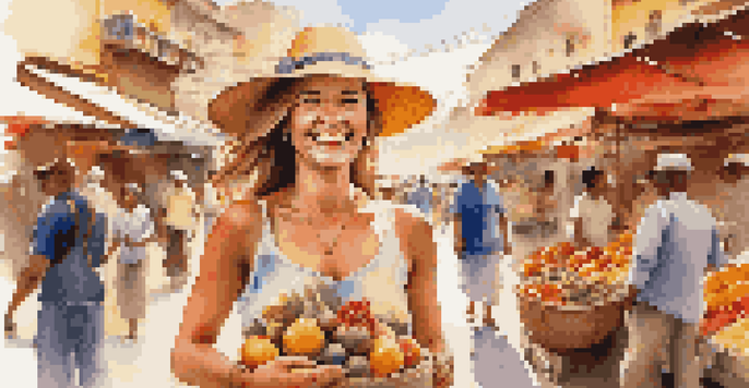 A woman enjoying a vibrant street market, holding a camera and tasting local food, surrounded by colorful fruits and spices.