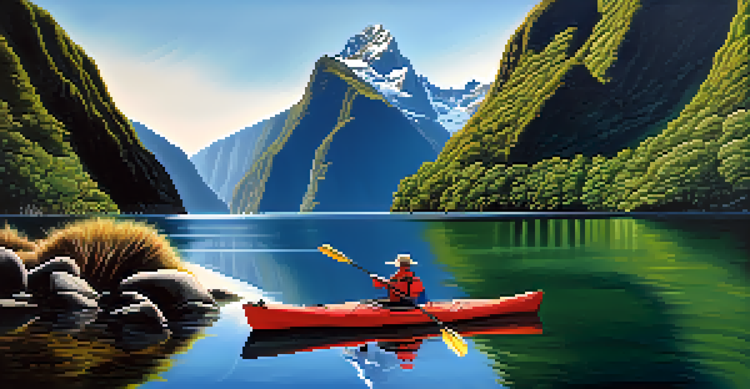 A picturesque view of Milford Sound in New Zealand, showcasing towering cliffs, lush greenery, and a kayak on the tranquil waters.