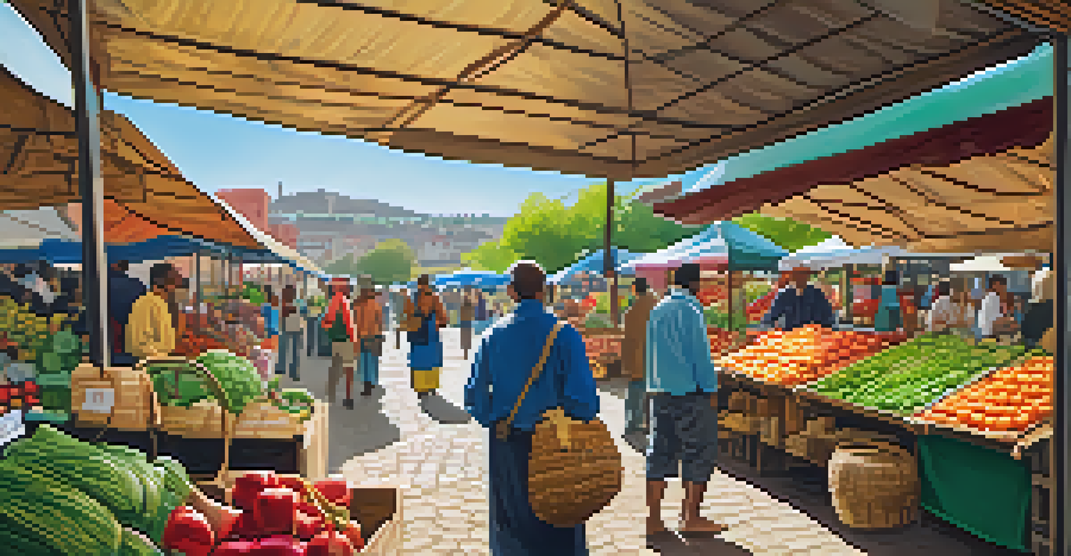 A bustling local market with colorful stalls filled with fresh produce and artisan products.