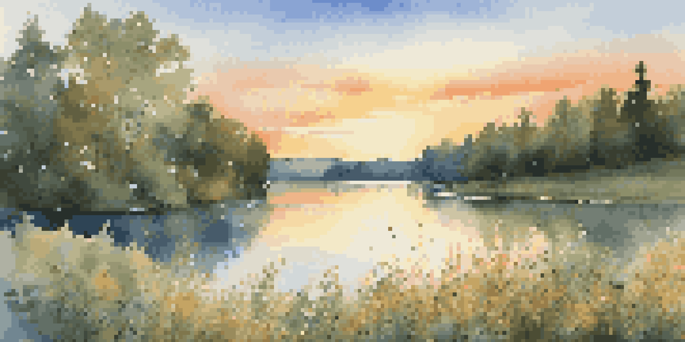 A peaceful nature scene with a lake, trees, and wildflowers under a sunset sky.