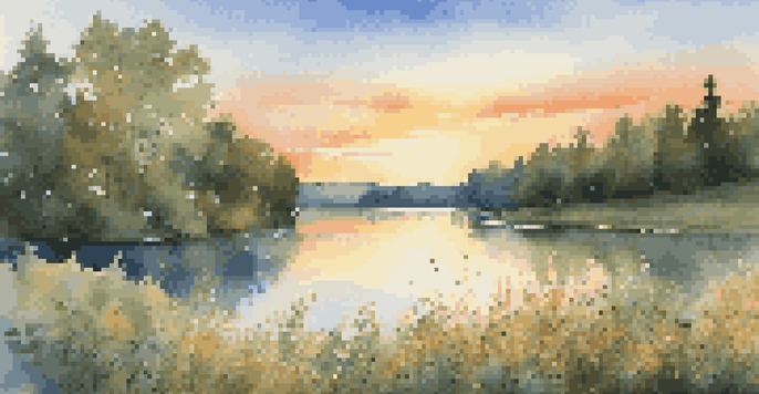 A peaceful nature scene with a lake, trees, and wildflowers under a sunset sky.