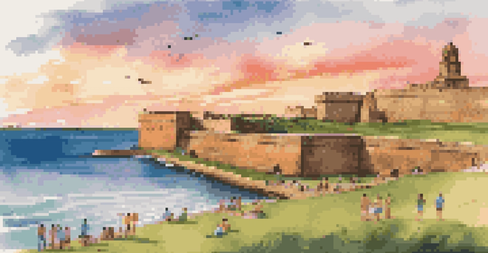 A sunset view of Castillo San Felipe del Morro with families picnicking on the grounds and colorful kites flying in the sky.