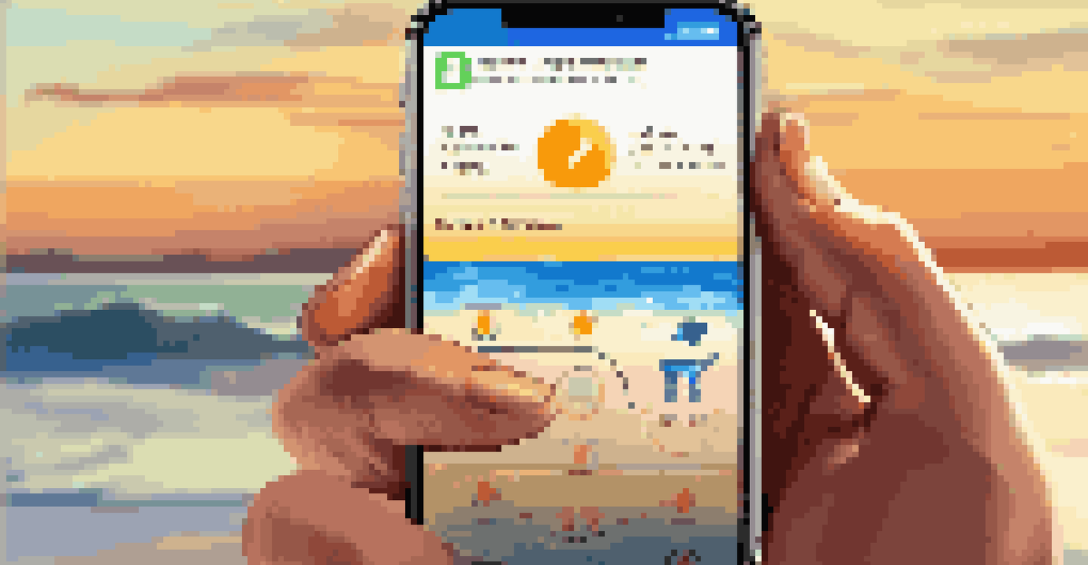 A close-up of a hand holding a smartphone with a medication reminder app, with a beach sunset in the background.