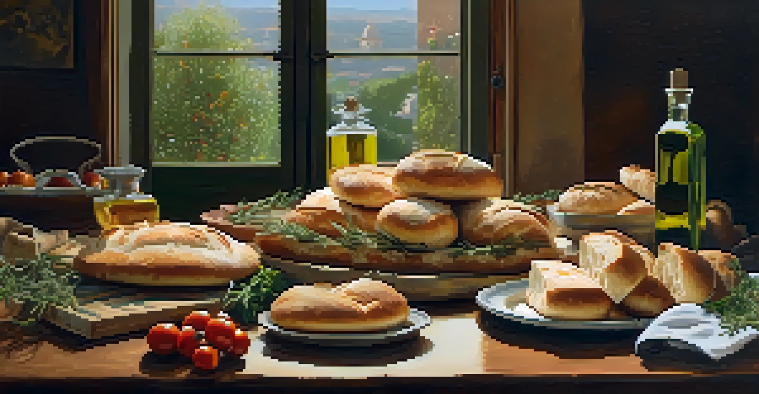 An Italian family around a dining table with traditional breads, olive oil, and fresh herbs, illuminated by warm lighting.