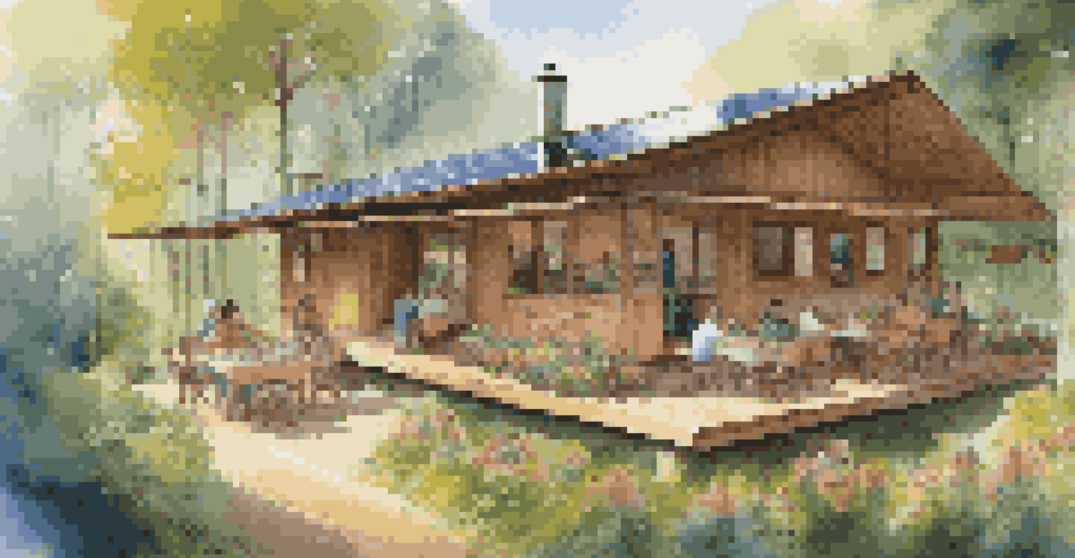 An eco-friendly accommodation in a forest, featuring natural materials and a family enjoying a meal on a wooden deck.