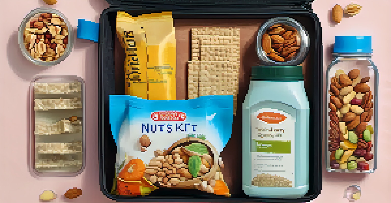 An organized travel snack kit with healthy snacks and a water bottle on a soft fabric background.