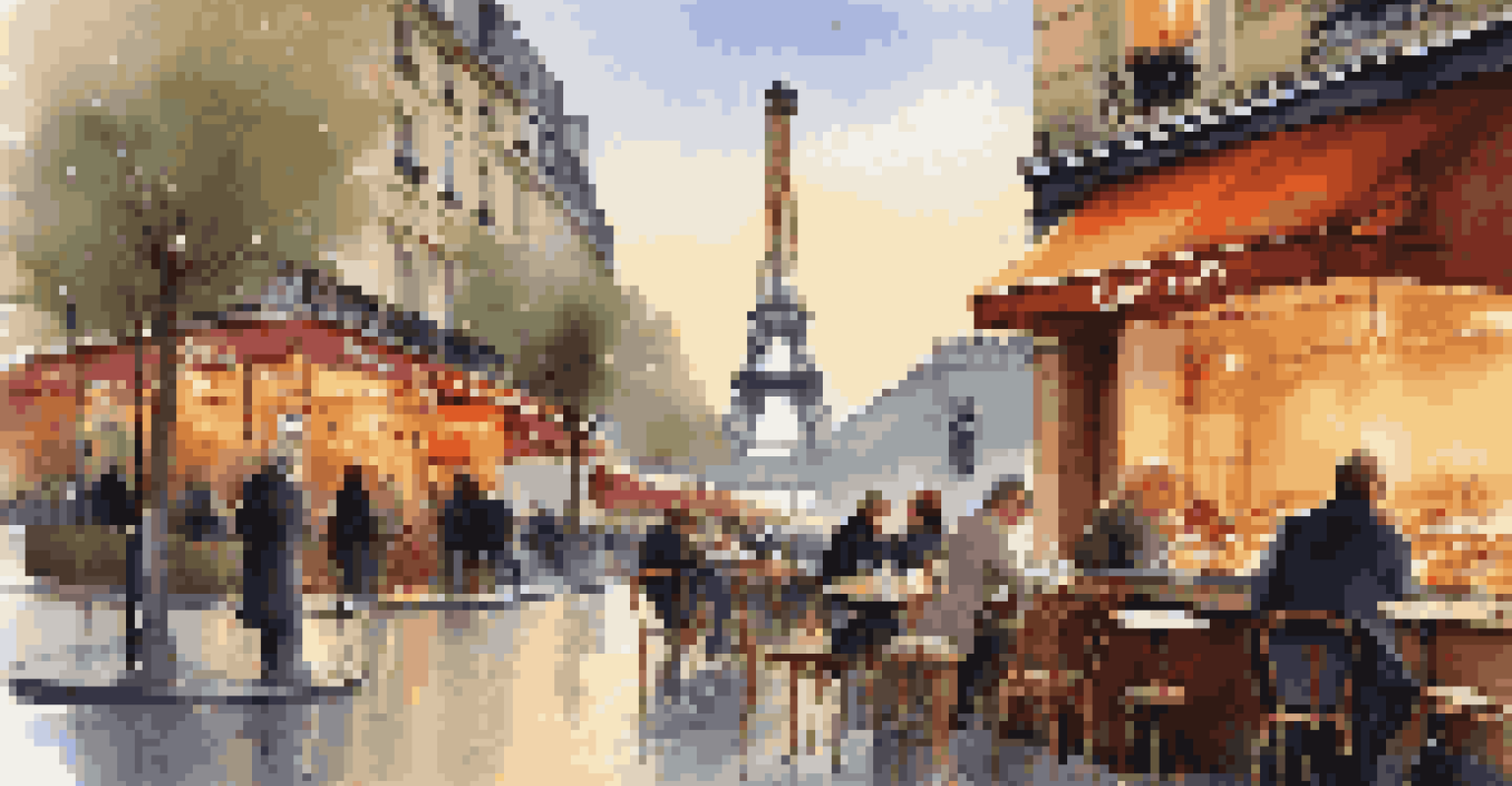 A cozy Parisian café view at dusk, with the Eiffel Tower in the background, warm light spilling from the windows, and patrons enjoying coffee and pastries.