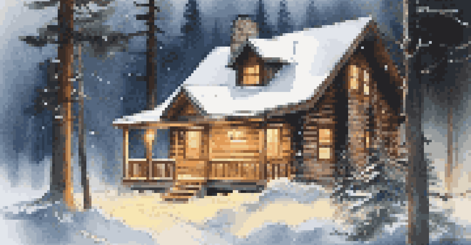 A cabin in the woods surrounded by snow-covered trees during snowfall.