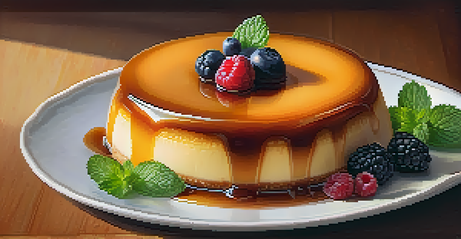 A close-up view of a creamy flan dessert, topped with caramel and garnished with berries and mint.