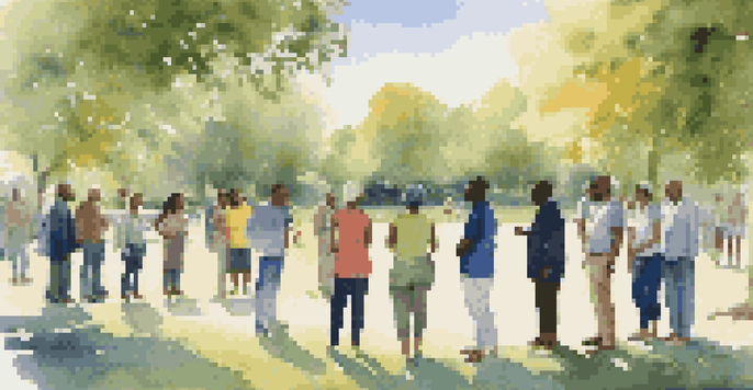 A group of diverse individuals in a park, demonstrating different personal space norms while engaged in conversation.