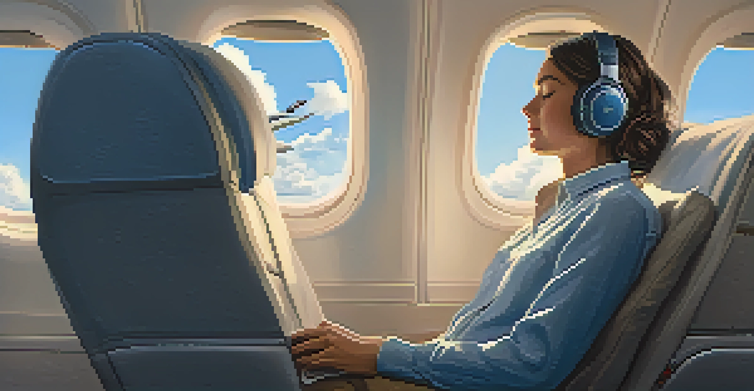 A passenger in an airplane wearing noise-canceling headphones and a travel pillow, relaxing with closed eyes, with clouds visible outside the window.
