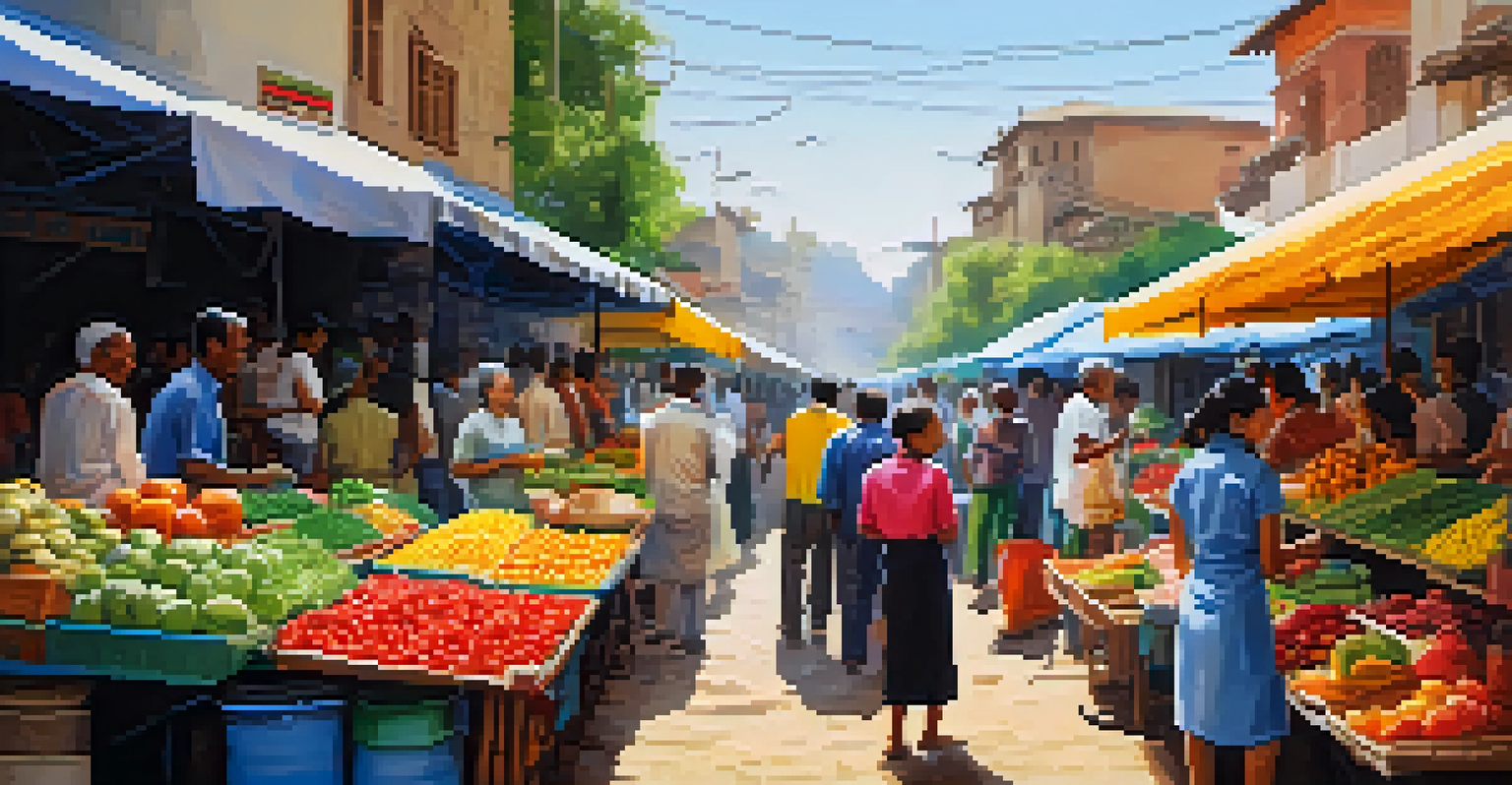 A bustling outdoor market with colorful fruits and vegetables, and a vendor serving food to customers.
