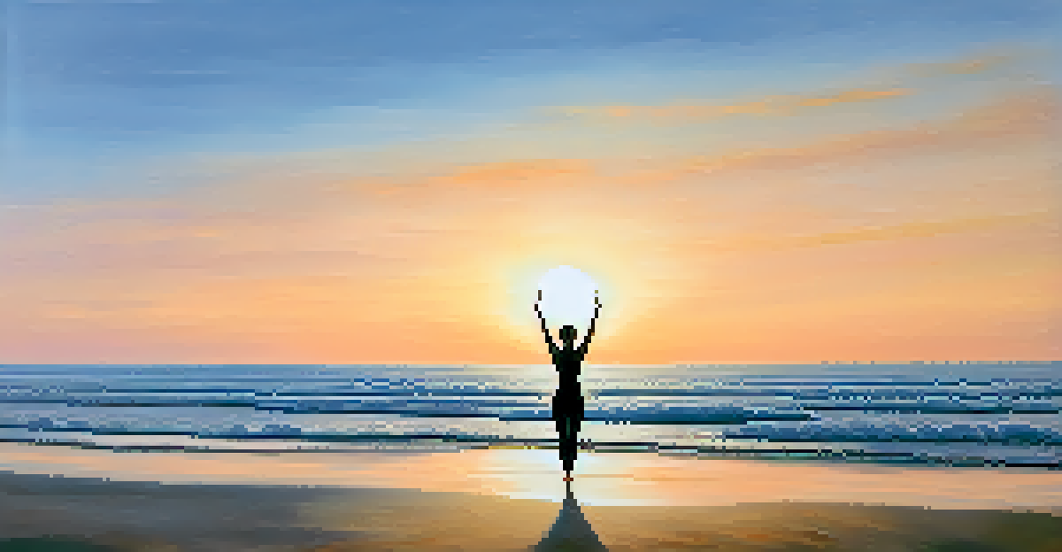 A serene beach at dawn with a person practicing yoga on the sand as the sun rises.